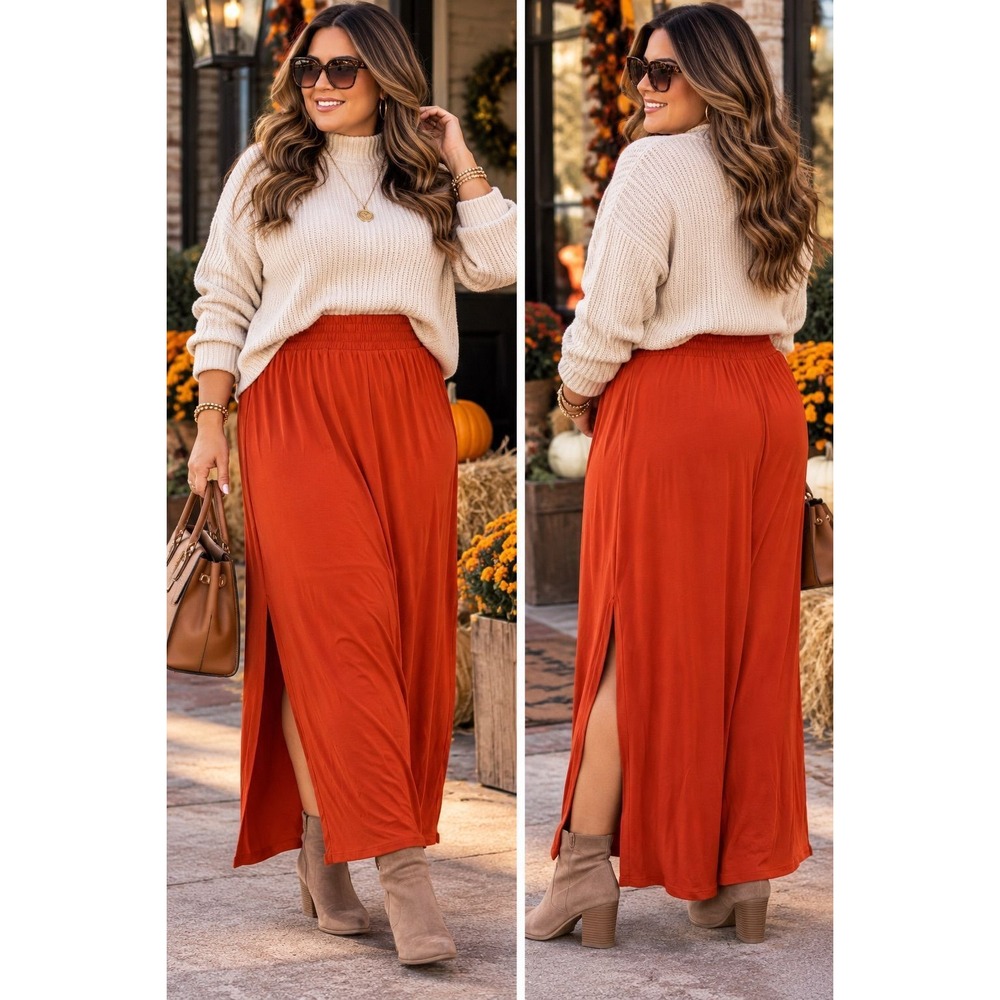 91. Zenana Copper Maxi Skirt with Side Slits – NWT
